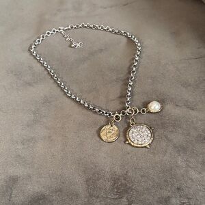 Mixed Metal Coin and Pearl Charm Necklace in Silver and Gold